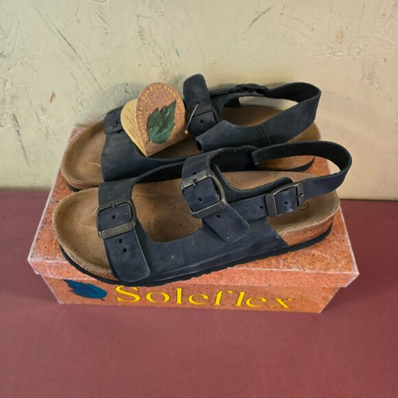 New Womens Black Leather Double Buckle Sandals 6M 8M 9M - Picture 3 of 5